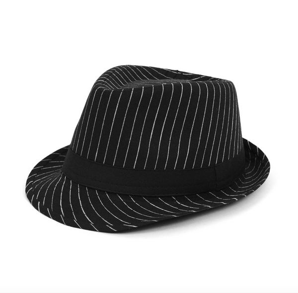 Black Trilby Fedora Hat with White Pinstripes & Black Band Trim