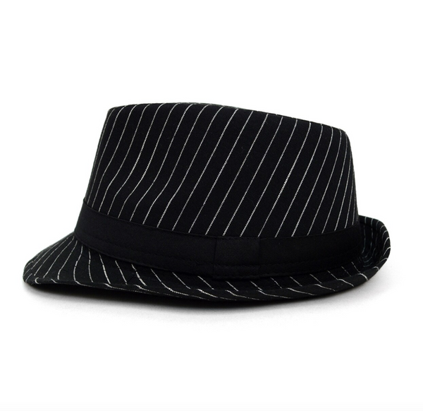 Black Trilby Fedora Hat with White Pinstripes & Black Band Trim